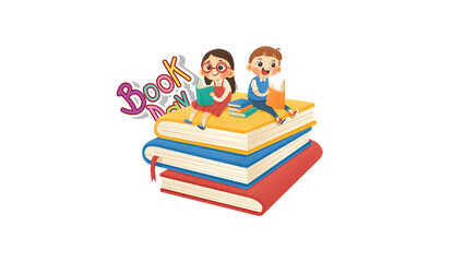 Kids Reading on Book Stack Illustration - Illustration of children sitting on stacked books representing reading, learning, and education.