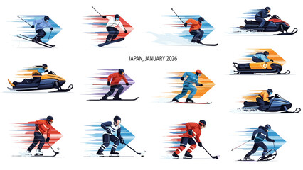 Collection of animated winter sports athletes in action ice