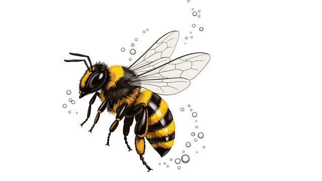 Realistic illustration of a bee with detailed wings and striped body