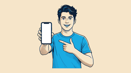 Young man holding and pointing to a smartphone screen.