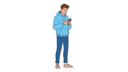 Young man in blue hoodie using smartphone outdoors.