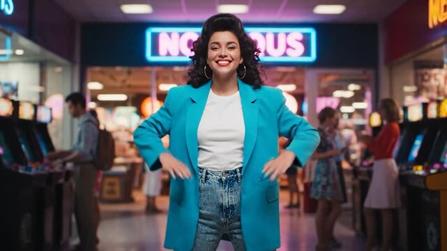 Smiling woman in retro turquoise blazer and acid wash jeans poses in a neon-lit arcade