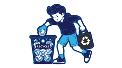 Young person actively recycling waste into a bin.