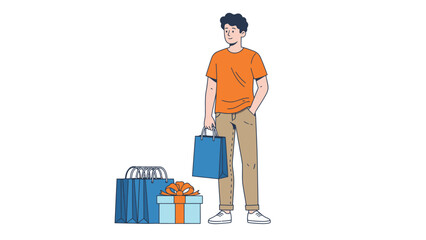 Young Man Standing with Shopping Bags and Gift Box.