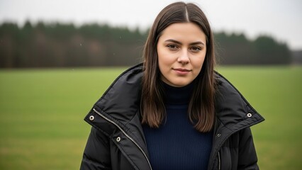 A young woman confidently posing with a scenic countryside background