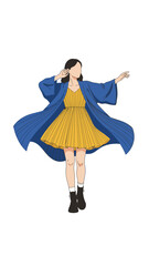 Young Woman Dancing Joyfully in a Yellow Dress and Blue Robe.