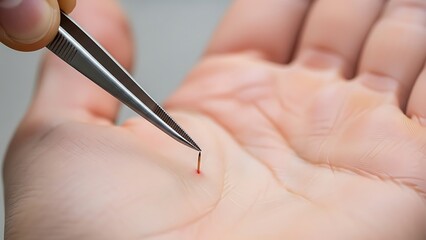 Close-up of tweezers removing a splinter from a human palm hand removal