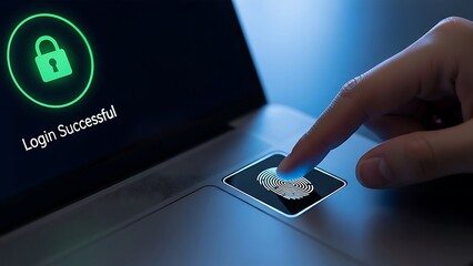 Fingerprint scan on laptop screen showing login successful security