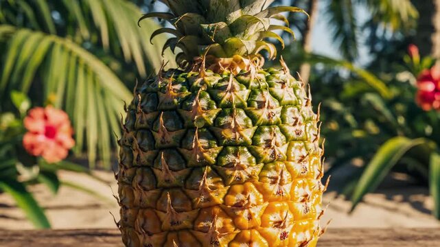 A freshly picked pineapple with its crown removed, set against a tropical backdrop of palm leaves and flowers