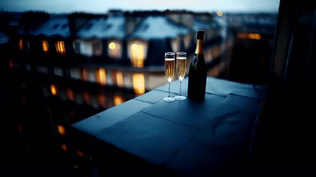 Paris, France, Europe. champagne glasses on a table with a cityscape in the background during twilight.