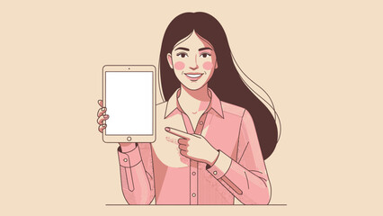 Young Woman Holding and Pointing at a Tablet Screen.