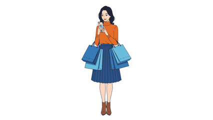 Young Woman Holding Shopping Bags and Using Mobile Phone.