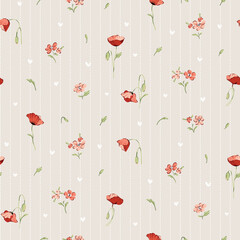 seamless floral pattern, textile pattern, fabric print in red floral style on stripe background, timeless floral, soft color flower. surface design for home textile, wallpaper pattern, print ready