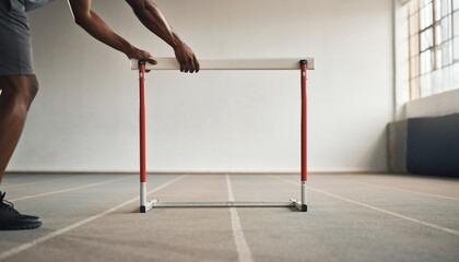 Athlete's hands adjusting a red and white hurdle on an indoor track, preparing for a race or training session.