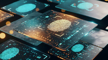 Abstract technology showcasing secure fingerprint scans on digital interfaces for identification.
