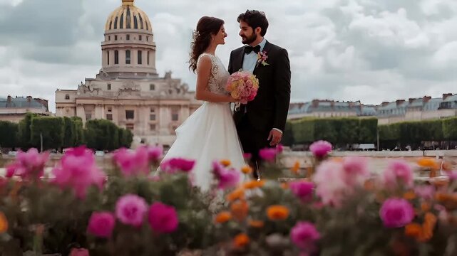 Paris, France, Europe. A wedding photograph featuring a bride and groom in front of a historic building with a golden dome. The sky is partly cloudy.