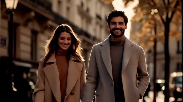 Paris, France, Europe. man in light gray overcoat walking on city street during golden hourwoman in beige coat smiling in urban setting.
