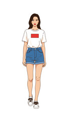 Young Woman Walking in Casual Summer Outfit.