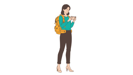 Young Woman with Backpack Looking at Smartphone.