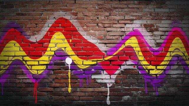 Vibrant graffiti sound wave animation painted on aged brick wall urban music visual energy