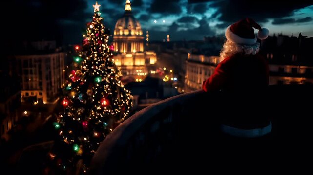 Paris, France, Europe. Santa Claus overlooking a cityscape at night with a Christmas tree in the foreground. The cityscape is illuminated with lights.