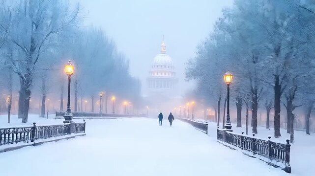 Paris, France, Europe. A snowcovered urban scene with the U.S. Capitol building in the background. The sky is overcast, and the ground is blanketed in a thick layer of snow.