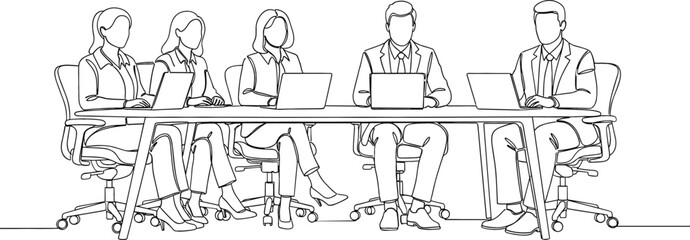 Obraz premium Continuous line drawing of diverse business people sitting at office desk with laptops for corporate meeting conference and teamwork