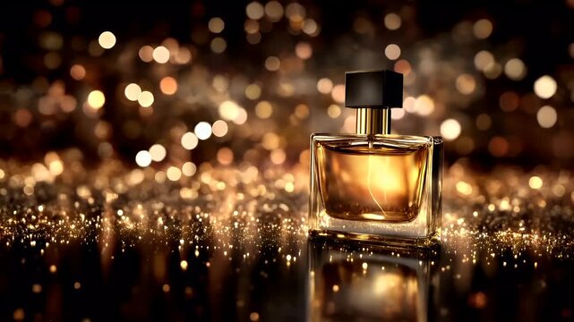 A closeup of a perfume bottle with a golden hue, set against a bokeh background of golden lights. The bottle is rectangular with a black cap.