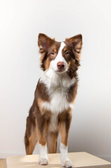 Brown and White Border Collie Looking at Camera While Sitting on White Background