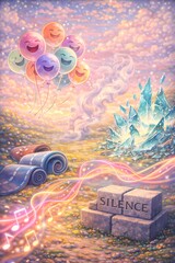 Obraz premium Ethereal landscape features colorful balloons rising towards crystals near stone blocks inscribed with word silence