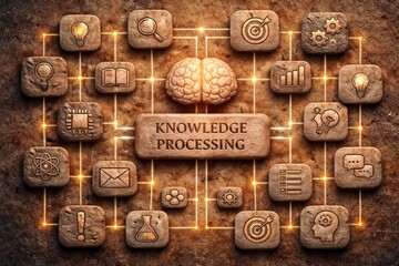 A brain surrounded by symbols representing knowledge processing, research, and data analysis. Icons include books, charts, light bulbs, and more.