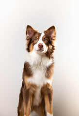 Brown and White Border Collie Looking at Camera While Sitting on White Background