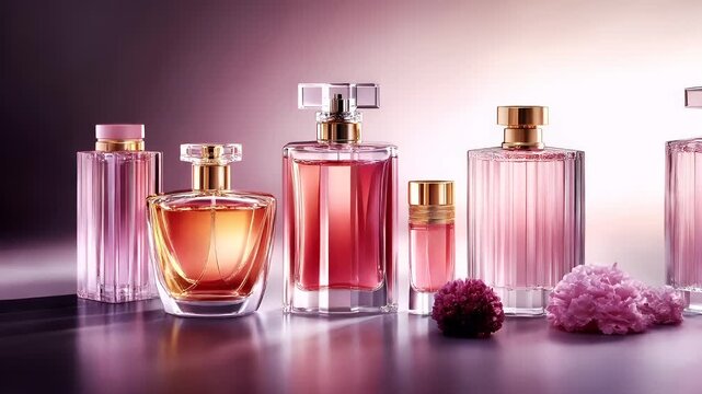 A collection of perfume bottles and flowers on a reflective surface. The background is a gradient of purples and pinks, creating a dreamy atmosphere. The bottles are of varying shapes and sizes.