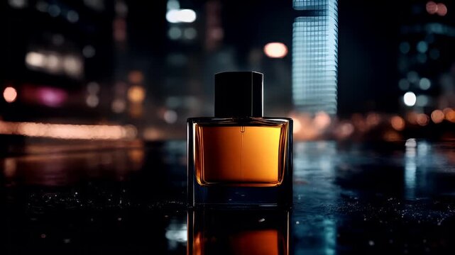 A closeup shot of a perfume bottle on a reflective surface, with a blurred cityscape in the background. The bottle is rectangular with a black cap and a transparent body.