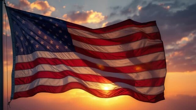 Waving American Flag Against Dramatic Sky for Memorial Day
