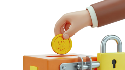 3D Hand Dropping Coin into Locked Money Box