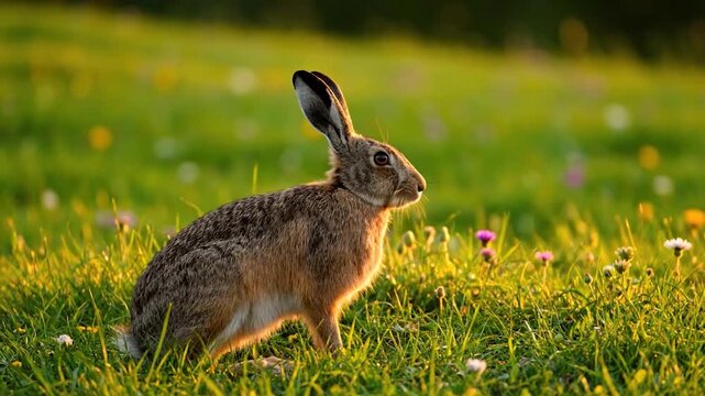 A brown hare stands gracefully in a sunlit green meadow with various wildflowers