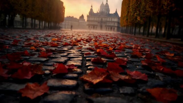 Paris, France, Europe. A vivid autumnal scene featuring a cobblestone street strewn with fallen red and orange leaves.