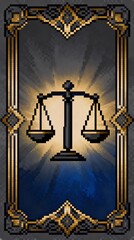 不均衡な天秤で社会的不平等を象徴するピクセルアートタロットカード