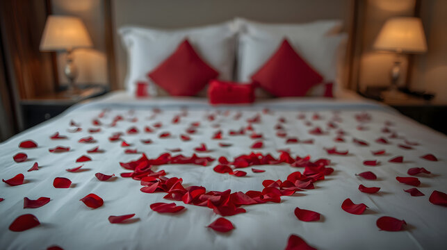 Romantic bed decoration with red rose petals forming a heart shape for a special occasion.