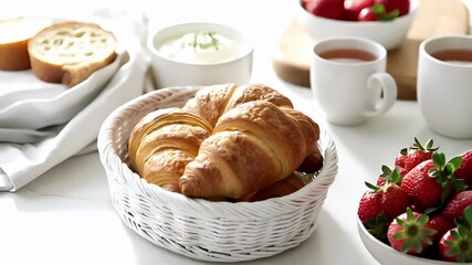 Paris, France, Europe. A closeup of a bowl of freshly baked croissants on a table with a cup of tea and a plate of pastries.