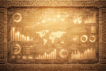 Charts and graphs display various statistics related to global data trends, set against a textured background.