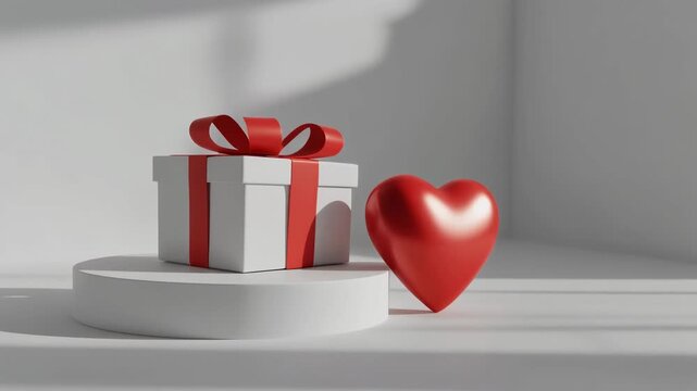 3D cinematic animation of a gift box and a shiny red heart placed on a white presentation po