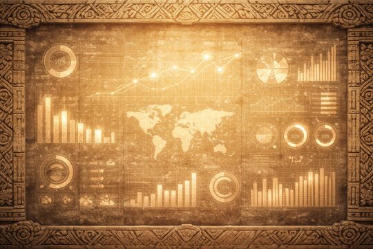 Charts and graphs display various statistics related to global data trends, set against a textured background. - Powered by Adobe
