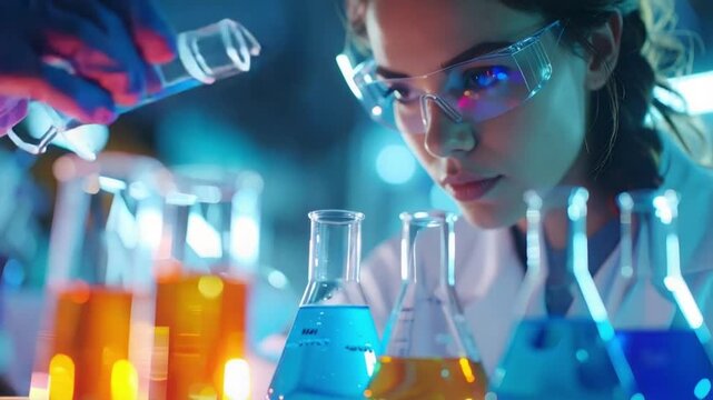 Scientist in Lab Pouring Blue Liquid into Flask for Chemical Experiment