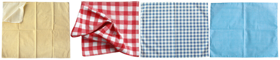 Fototapeta premium a collection of colorful gingham checkered tablecloths and napkins in various shades of yellow, red, and blue, photographed from above.