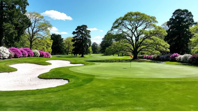 Scenic golf course with lush green fairways, sand bunkers, colorful flowering bushes, and mature trees under a bright blue sky, ideal for Masters Tournament themes