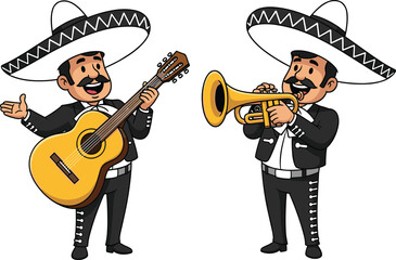 Mexican mariachi musicians cartoon playing guitar and trumpet traditional sombrero outfits festive culture illustration isolated white background vector © MdTajemul