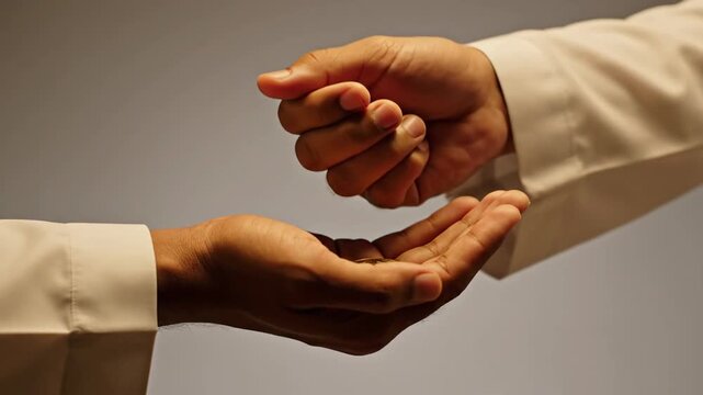 Warm, high-contrast close-up of hands giving zakat charity, symbolizing release from a spiritual prison.
