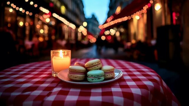 Paris, France, Europe. candle and macarons on a checkered tablecloth in a dimly lit urban setting during twilight.